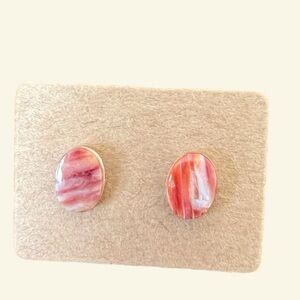 Colorful Oval carved stone Stud Earrings gold tone post